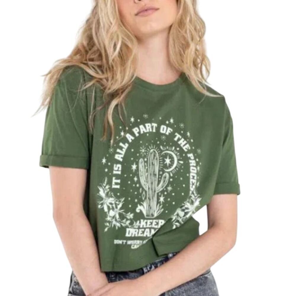 NAF NAF M Graphic Cropped TShirt Green Short Sleeve Keep Dreaming Earthy